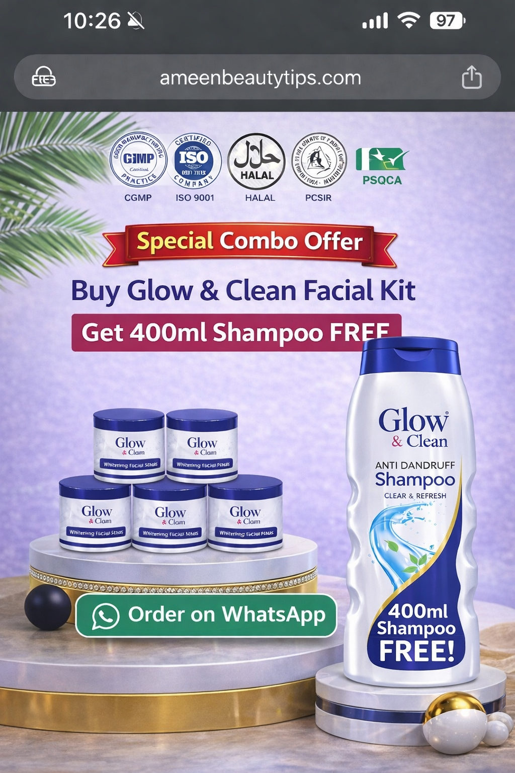 GLOW & CLEAN Whitening 5 Step Facial Set with Free 400ML Shampoo